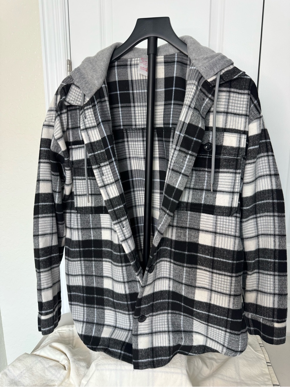 Women’s Black & White Plaid Hooded Shacket